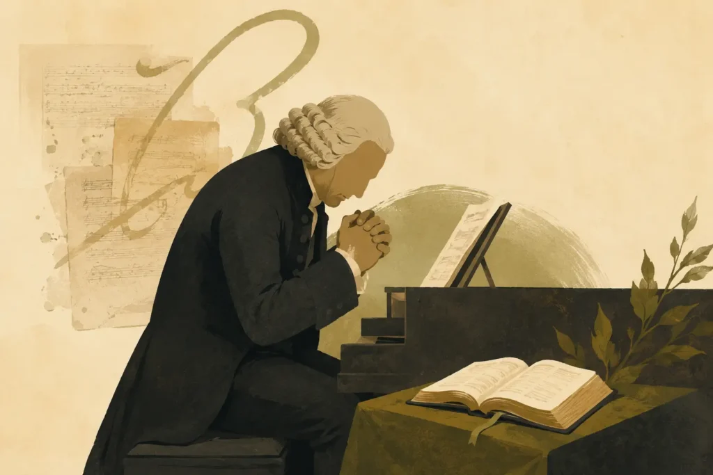 Illustration of Johann Sebastian Bach praying beside a keyboard and open Bible, expressing dependence on Christ's strength
