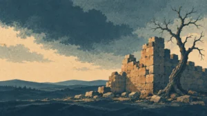 Editorial illustration of a broken stone wall beside a dead fig tree under a dark, textured sky, symbolizing spiritual neglect, judgment, and fruitlessness.