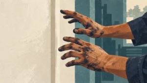 Grease-stained hands reaching toward a clean wall beside an industrial workshop doorway