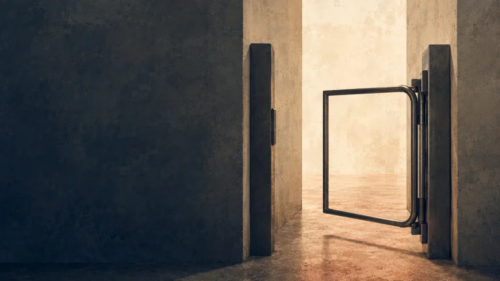 Contemporary editorial illustration of an open metal gate in a textured navy and warm parchment passage, symbolizing release, freedom, and an opened way forward.
