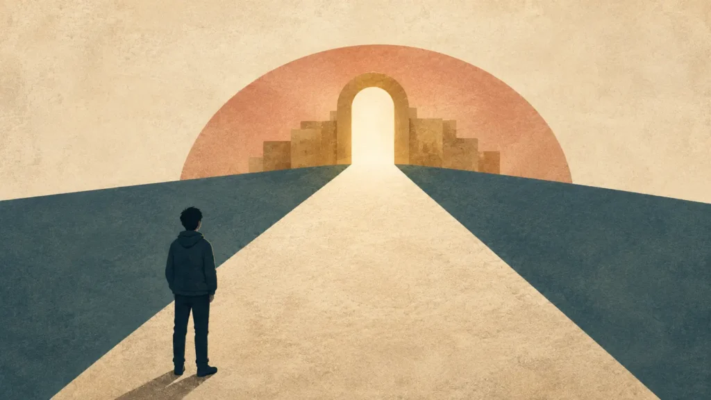 Contemporary biblical illustration of a solitary figure facing a prepared entrance, symbolizing Jesus as the only way to the Father in John 14:1–6.