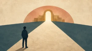 Contemporary biblical illustration of a solitary figure facing a prepared entrance, symbolizing Jesus as the only way to the Father in John 14:1–6.