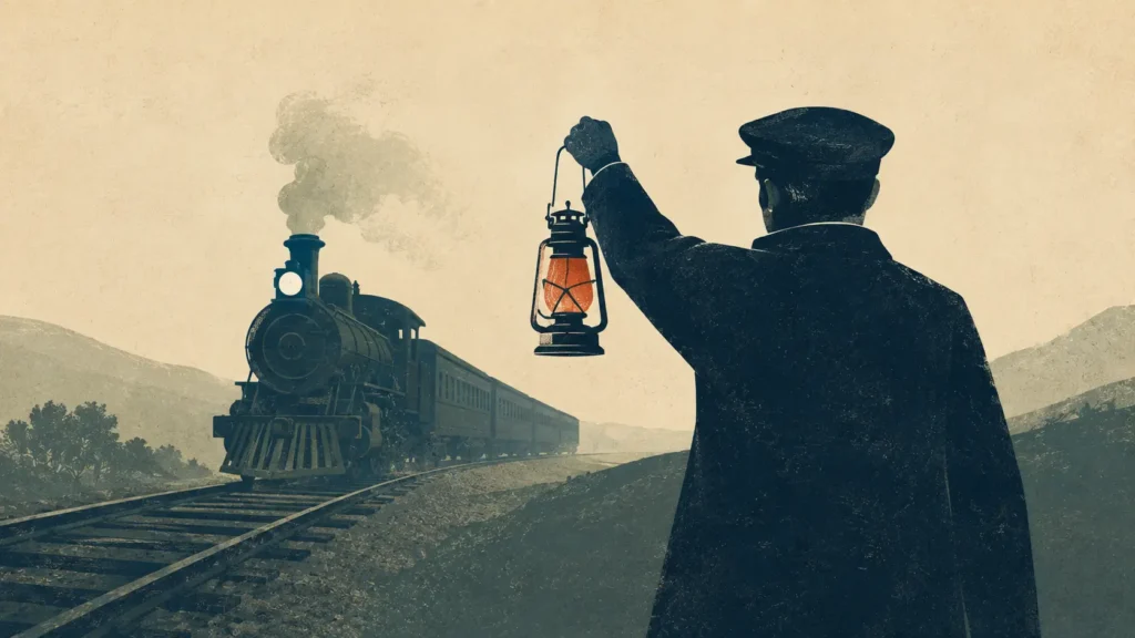 Illustration of a railway watchman holding a lantern as a passenger train approaches, evoking the Decker story of sacrifice in a sermon on God’s love in John 3:16
