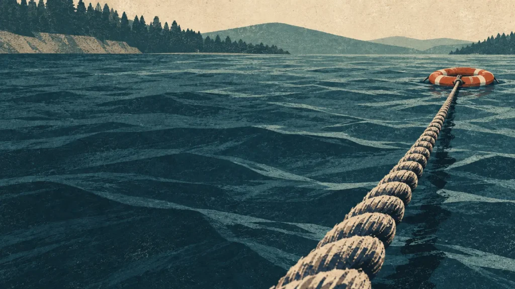 A rope stretches across choppy water toward an orange life ring, with forested hills in the distance
