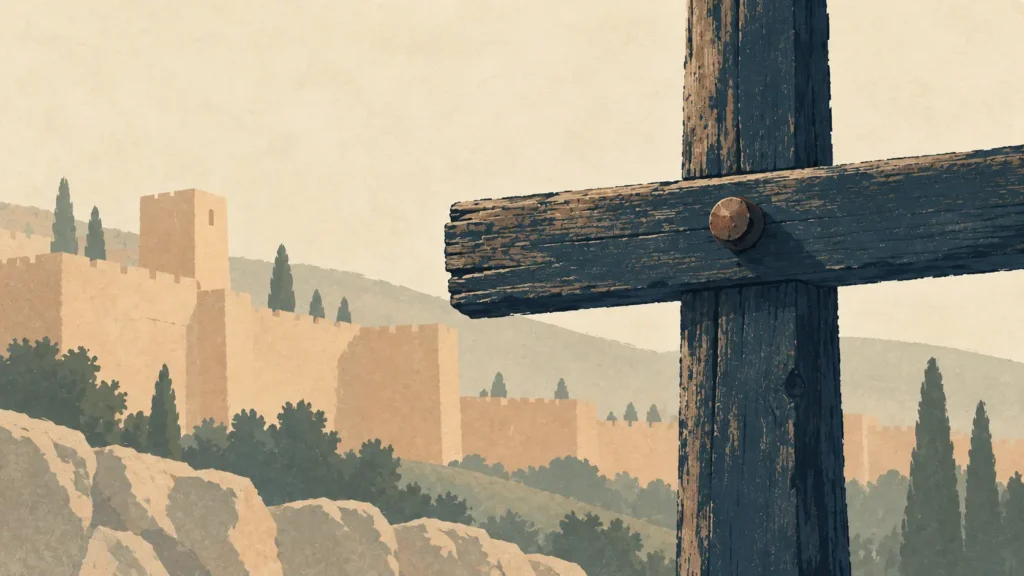 Roman cross in foreground against the backdrop of the city of Jerusalem