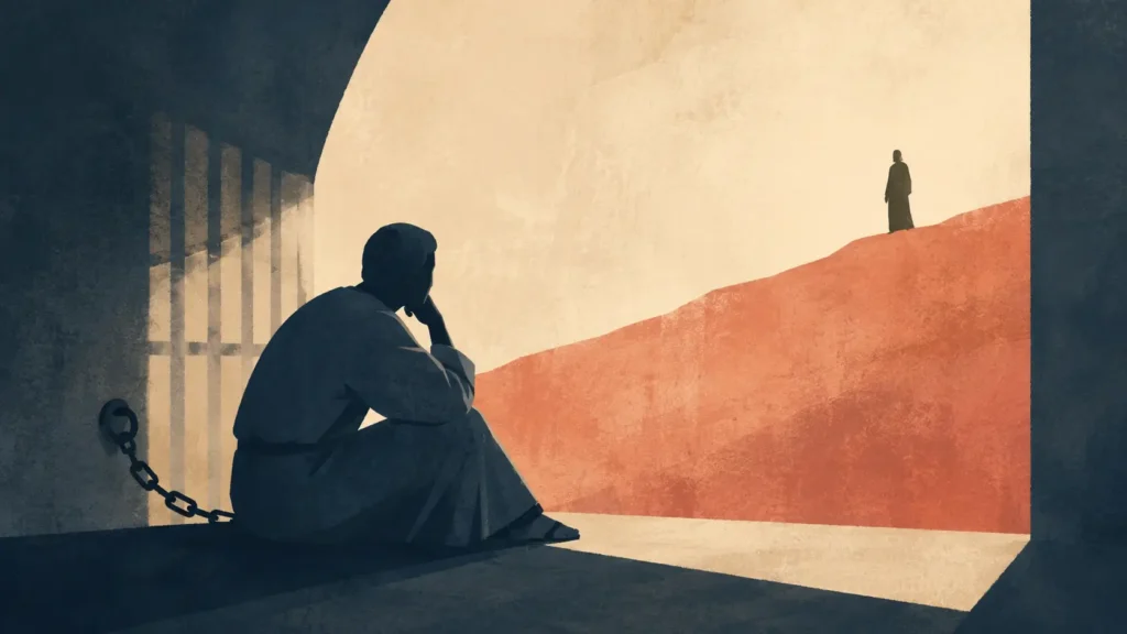 Contemporary illustration of the Philippian jailer sitting chained in a dark prison while an open doorway suggests freedom, illustrating salvation by faith in Christ from Acts 16.