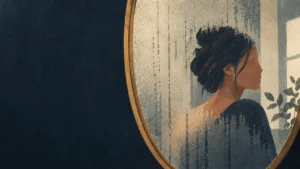 Woman reflected in a fogged oval mirror beside a window.