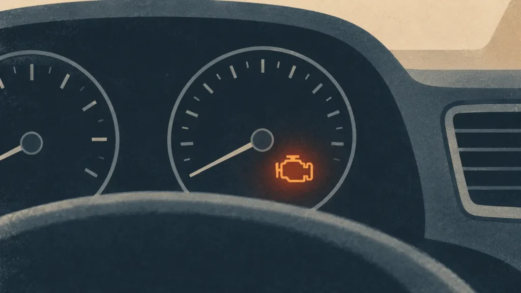 Illustrated car dashboard with an illuminated engine warning light, symbolizing a hidden problem or failure that needs attention