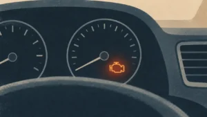 Illustrated car dashboard with an illuminated engine warning light, symbolizing a hidden problem or failure that needs attention