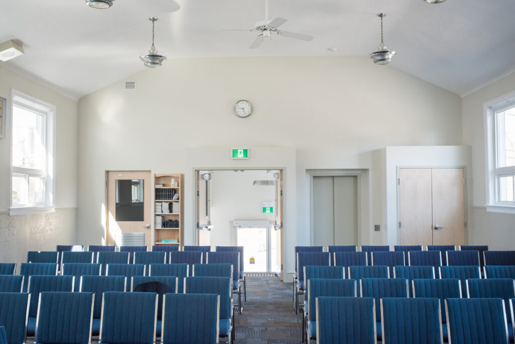 Interior of meeting room at Ottawa Gospel Hall facing North River Road