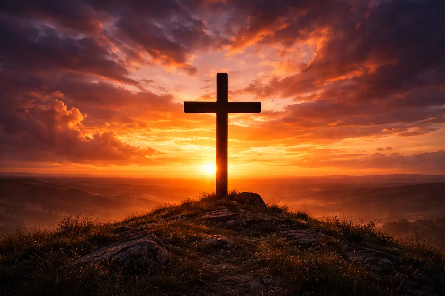 Cross silhouetted against a dramatic sunset sky, symbolizing salvation through Christ