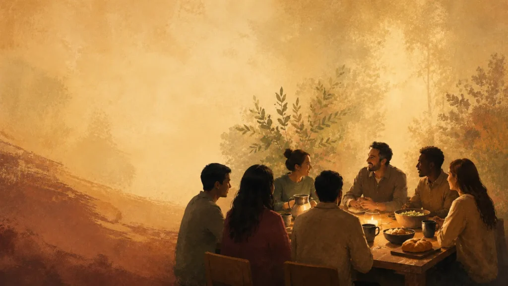 People sharing a meal and conversation at a community gospel supper hosted by Ottawa Gospel Hall