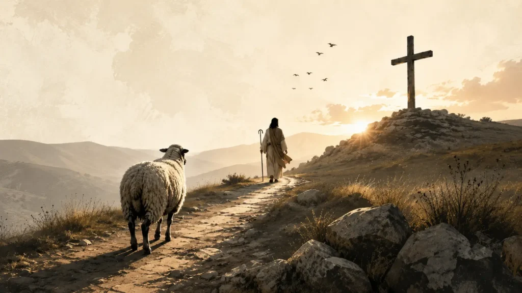 A shepherd leads a lone sheep along a hillside path toward a wooden cross, symbolizing Christ as the sinless Saviour and Shepherd who bore our sins.
