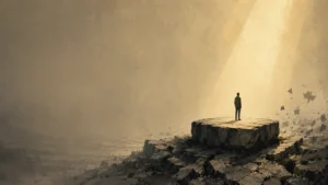 A solitary figure standing on solid bedrock while the surrounding ground fractures, with warm light shining down from above.