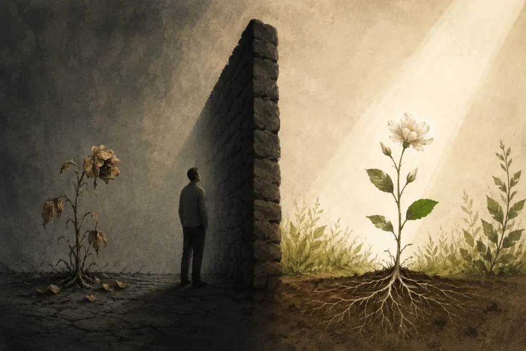 Symbolic gospel illustration of a withered flower, a stone wall, and a living flower showing sin’s separation from God and restored spiritual life through Christ.