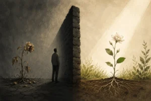 Symbolic gospel illustration of a withered flower, a stone wall, and a living flower showing sin’s separation from God and restored spiritual life through Christ.