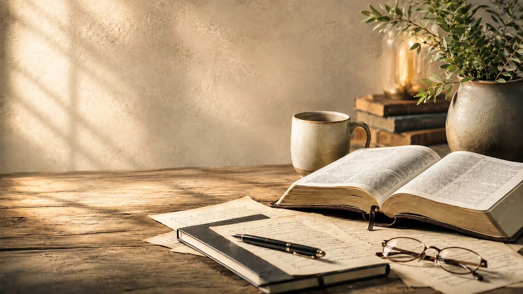 Open Bible on a wooden desk with handwritten pages, a notebook, a pen, glasses, a coffee mug, and a plant in warm natural light.