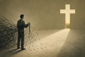 A man releasing tangled cords as he faces a cross-shaped opening, symbolizing surrender, human powerlessness, and salvation through Christ.