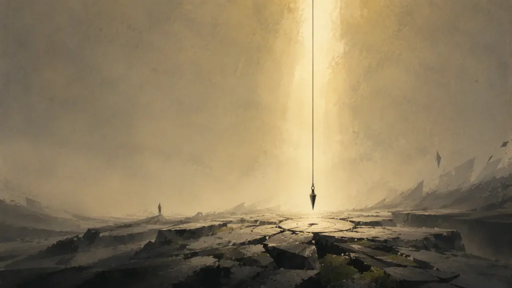 A plumb line hangs in a beam of warm light above a fractured landscape, symbolizing fixed truth in a confused and unstable world.