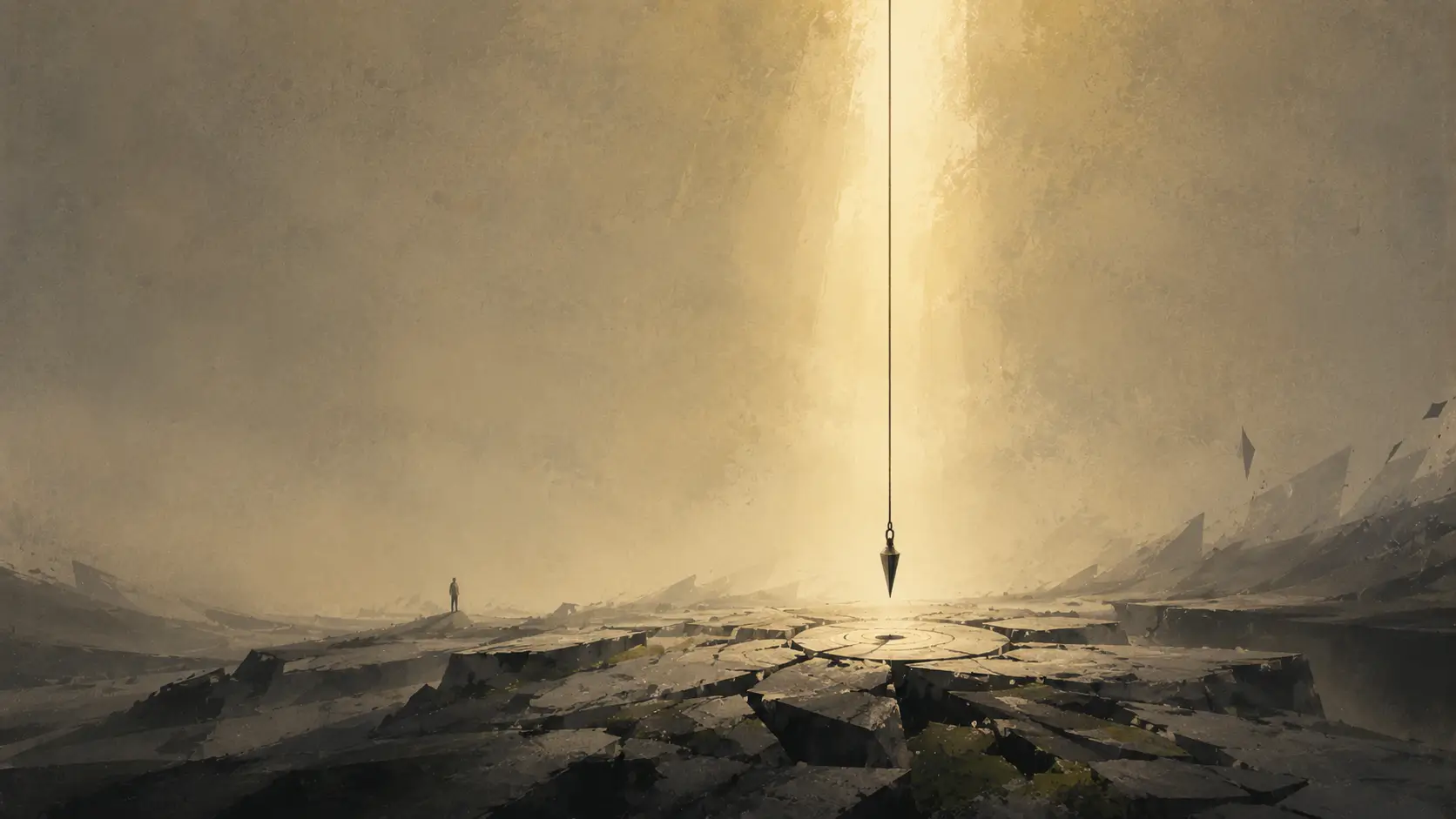 A plumb line hangs in a beam of warm light above a fractured landscape, symbolizing fixed truth in a confused and unstable world.
