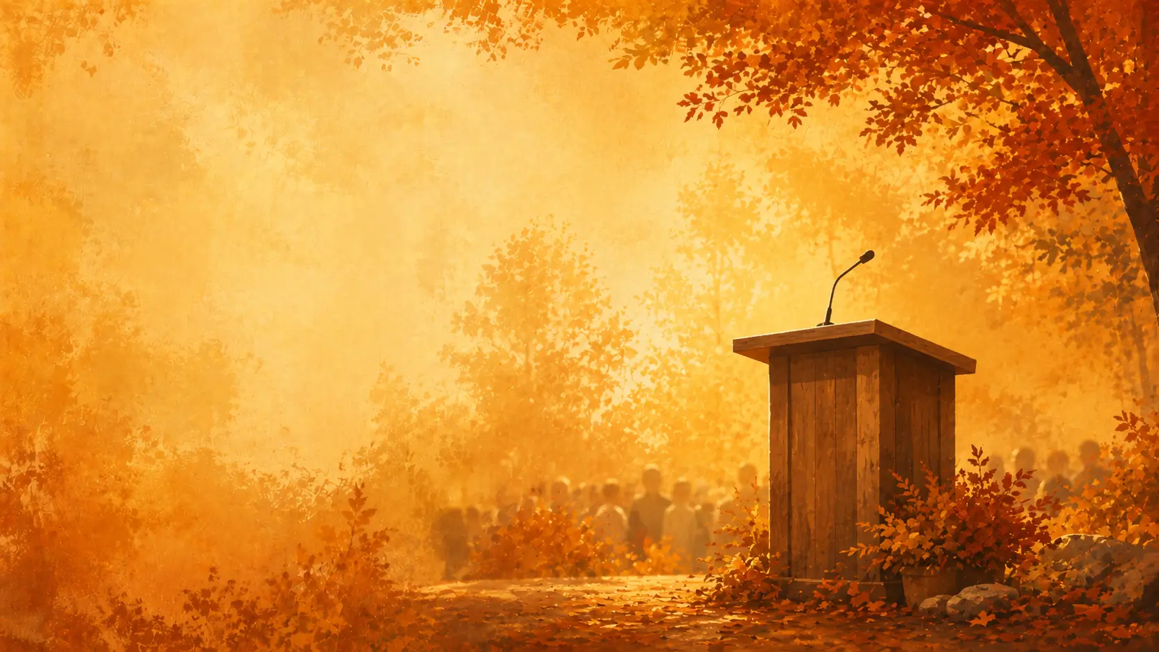 Wooden podium and microphone in an autumn setting for the Fall Gospel Series