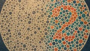 Ishihara color blindness test plate illustrating spiritual blindness, half in muted gray dots and half breaking into vivid colour