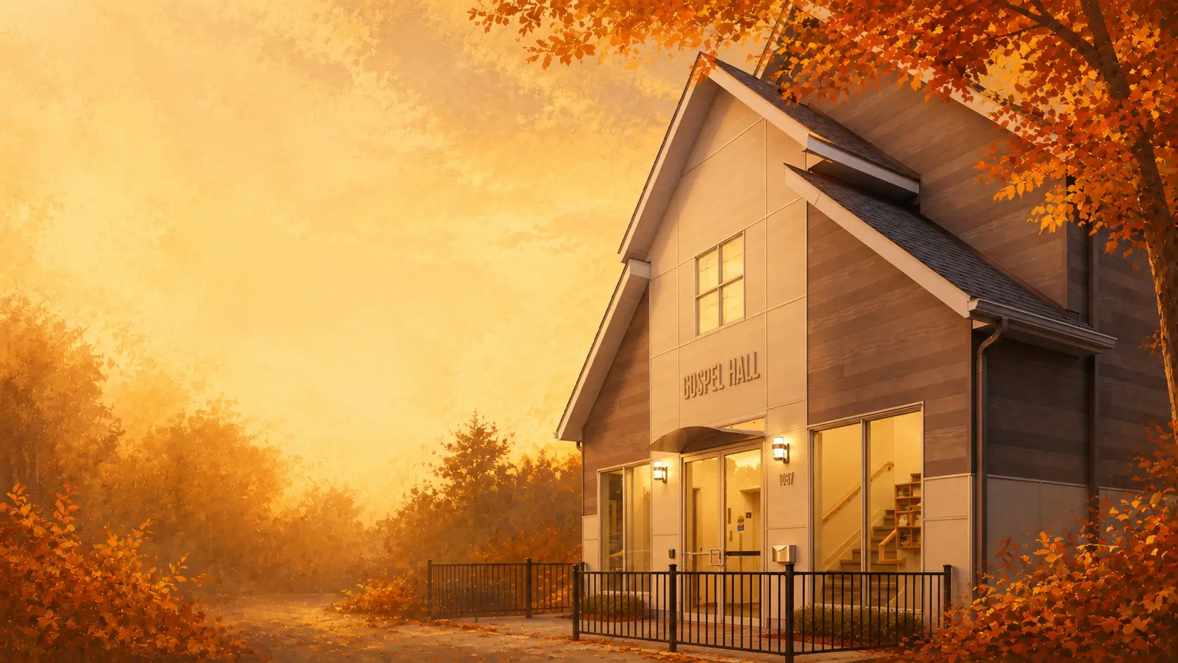 Ottawa Gospel Hall exterior framed by autumn leaves in warm golden evening light