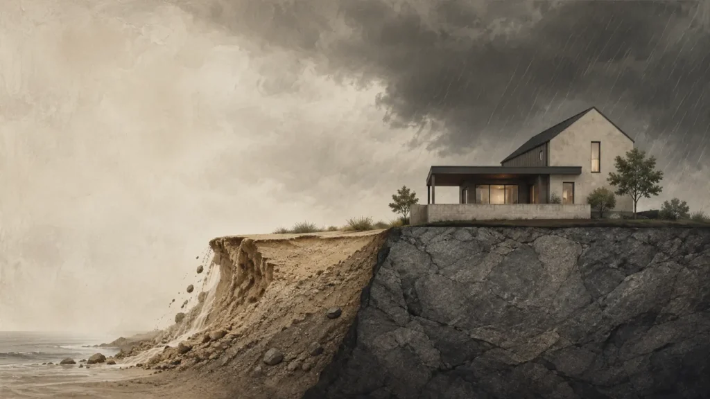 Contemporary house built on solid bedrock beside eroding sand during a storm, illustrating Jesus’ parable of the wise and foolish builders.