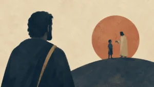 A nobleman looks toward Christ and a child, symbolizing faith that trusts Jesus’ word before seeing the answer, from John 4:46–54.