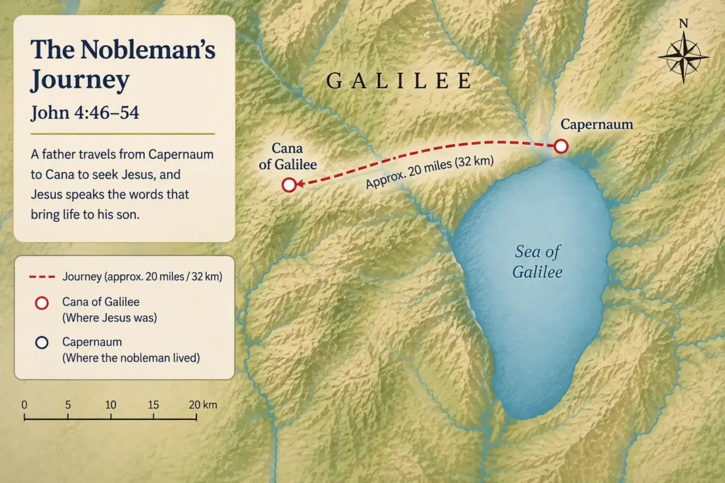 Map showing the nobleman’s journey from Capernaum to Cana in John 4:46–54, approximately 20 miles across Galilee.