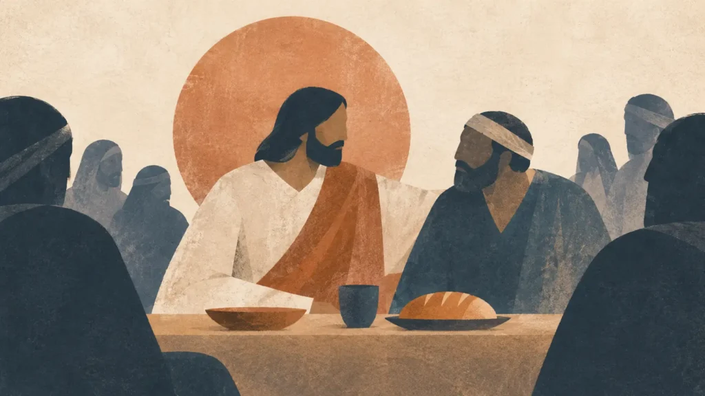 Illustration of Jesus eating a meal with the castaways of society.