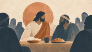 Illustration of Jesus eating a meal with the castaways of society.