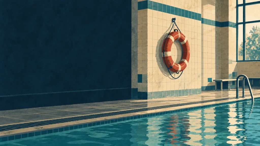 Editorial illustration of a terracotta life ring beside an indoor pool