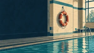 Editorial illustration of a terracotta life ring beside an indoor pool