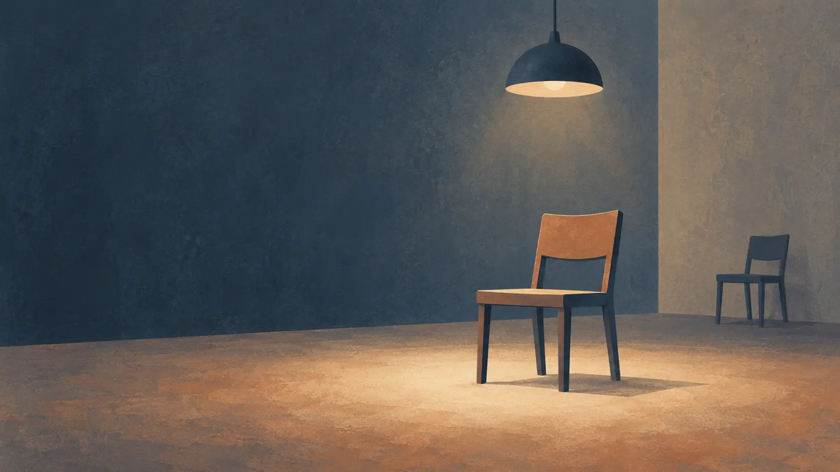 Illustrated empty chair beneath a hanging lamp with a second chair in the background, symbolizing accountability before God and Christ taking the sinner’s place.