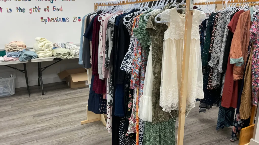 Donated clothing arranged for the annual clothing giveaway at Ottawa Gospel Hall