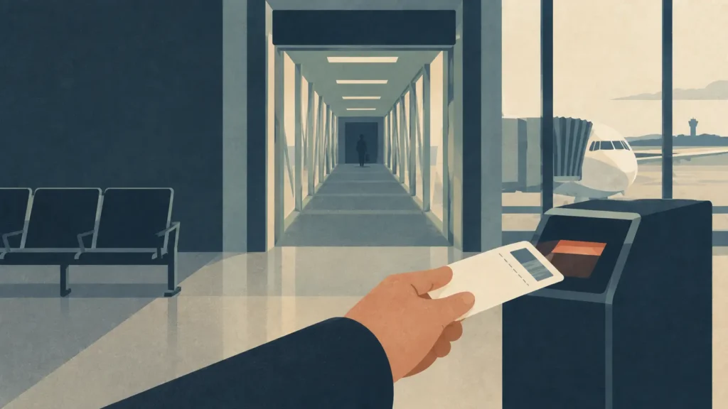 Editorial illustration of a traveler presenting a boarding pass at an airport gate, reflecting the sermon’s ticket-to-heaven illustration and assurance of salvation through Christ