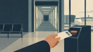 Editorial illustration of a traveler presenting a boarding pass at an airport gate, reflecting the sermon’s ticket-to-heaven illustration and assurance of salvation through Christ