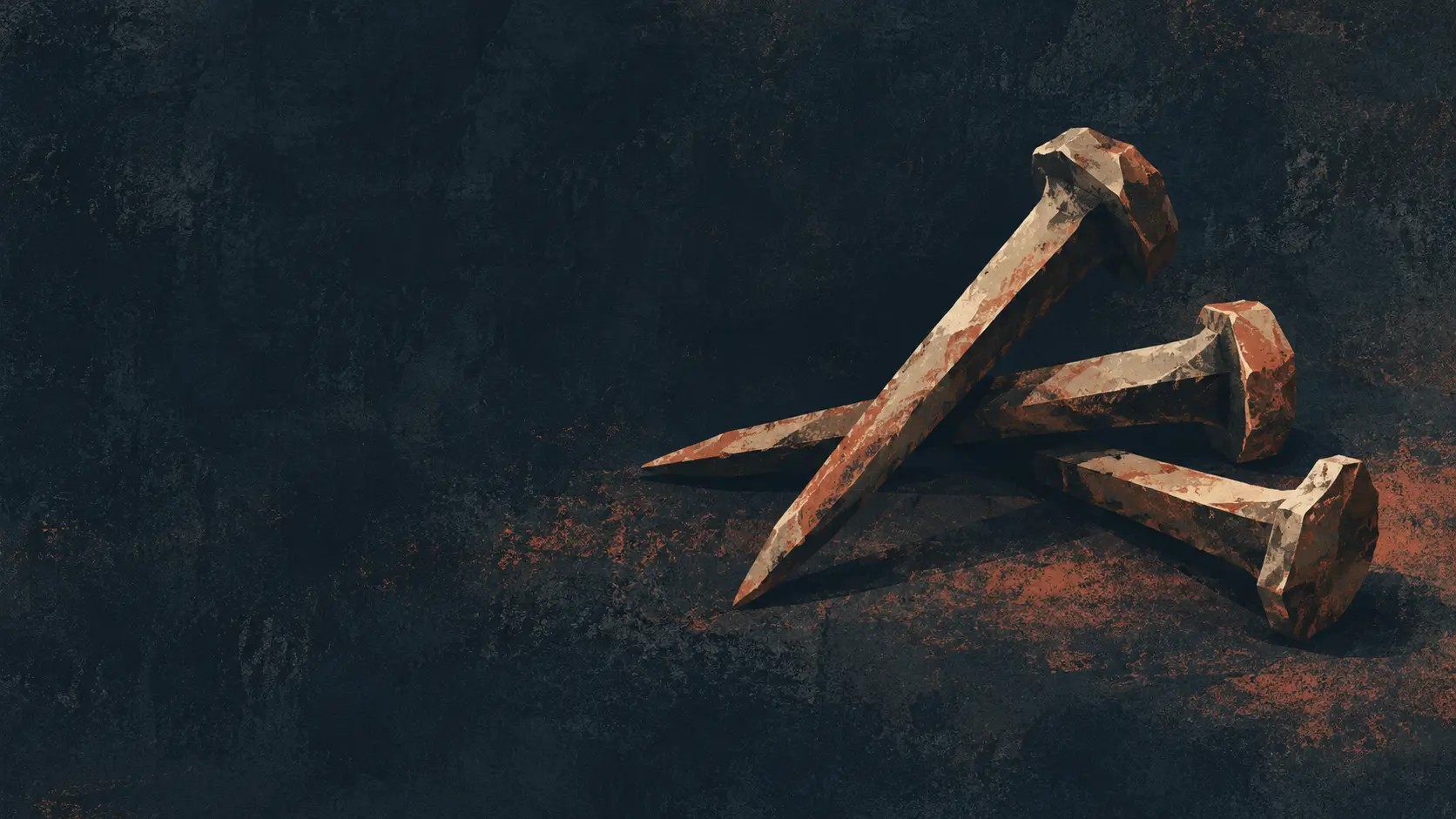 Three weathered iron nails