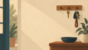 Hanging keys on a simple wall rack in a quiet entryway, symbolizing two destinies and the narrow way to heaven in Matthew 7:13–14.