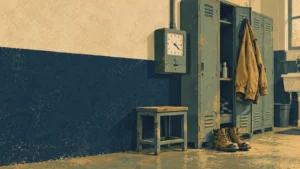 Editorial illustration of work boots, a hanging jacket and lockers beside a punch clock