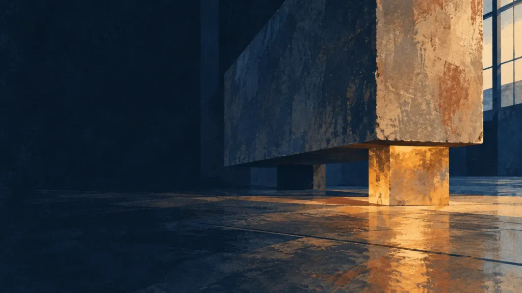 Textured illustration of a massive stone slab above an ochre base in a dark navy interior.