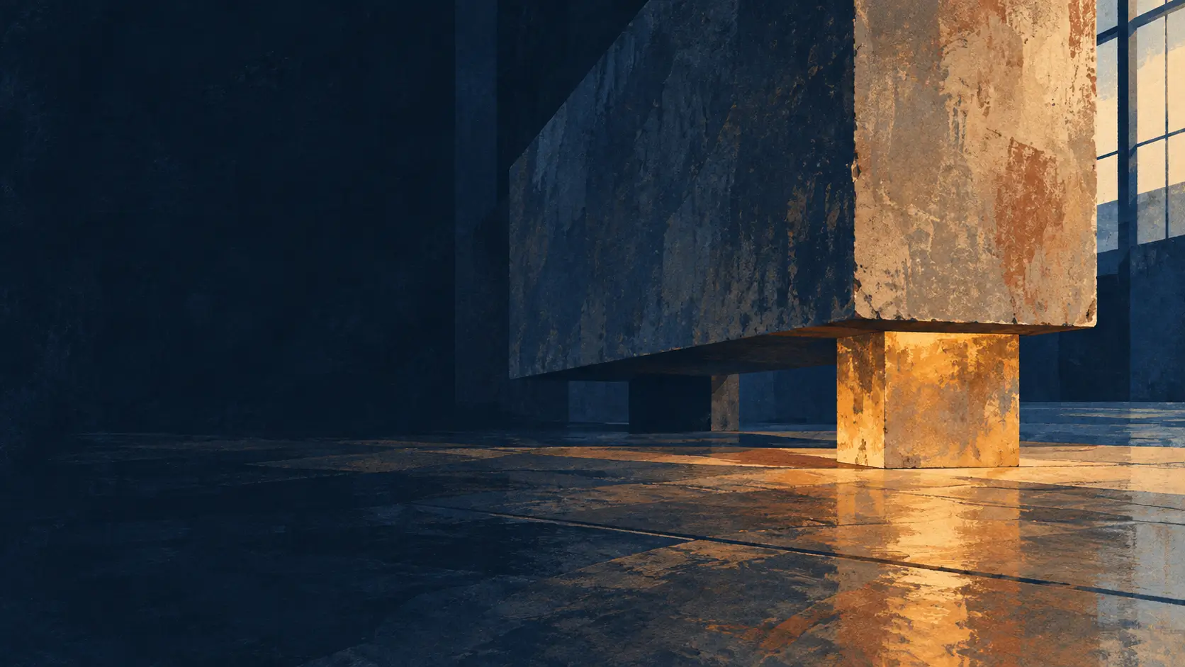 Textured illustration of a massive stone slab above an ochre base in a dark navy interior.