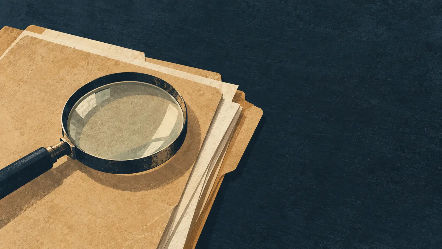 Editorial illustration of a magnifying glass resting on file folders, symbolizing examination and guilt, for a gospel message on why sinners need salvation and eternal life as God’s gift.