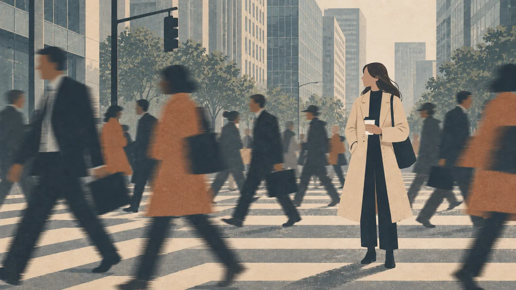 Editorial illustration of a woman standing still in a busy city crosswalk as crowds rush past, for a gospel message on truth and freedom in John 8:32.