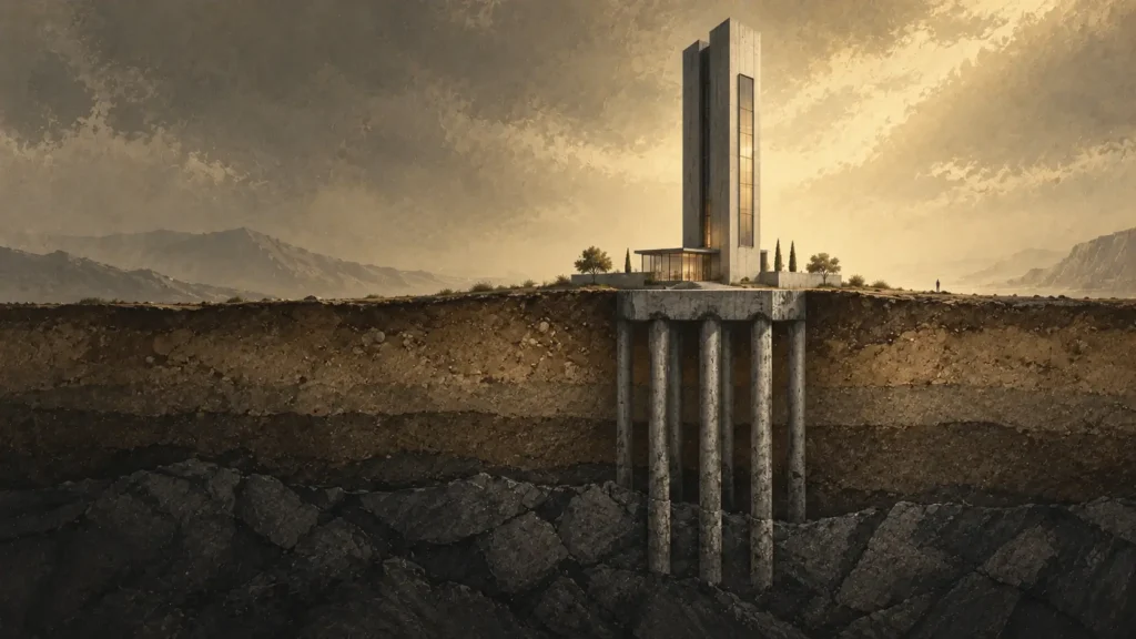 Modern tower supported by deep foundation piles extending through soil to bedrock