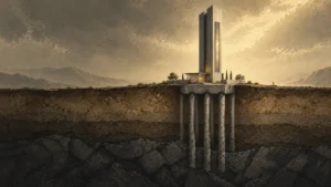Modern tower supported by deep foundation piles extending through soil to bedrock